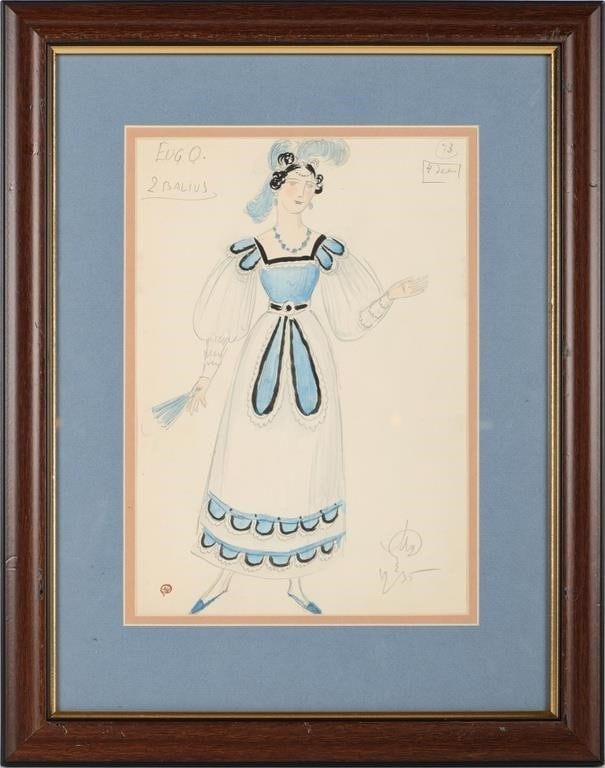 DOBUZHINSKY EUGENE ONEGIN COSTUME SKETCH BLUE: Antique costume sketch by Mstislav Dobuzhinsky (1875 - 1957) for the 1937 production of Tchaikovsky's Eugene Onegin. Contained in a simple wooden frame with a black outer border and a gold-painted inn