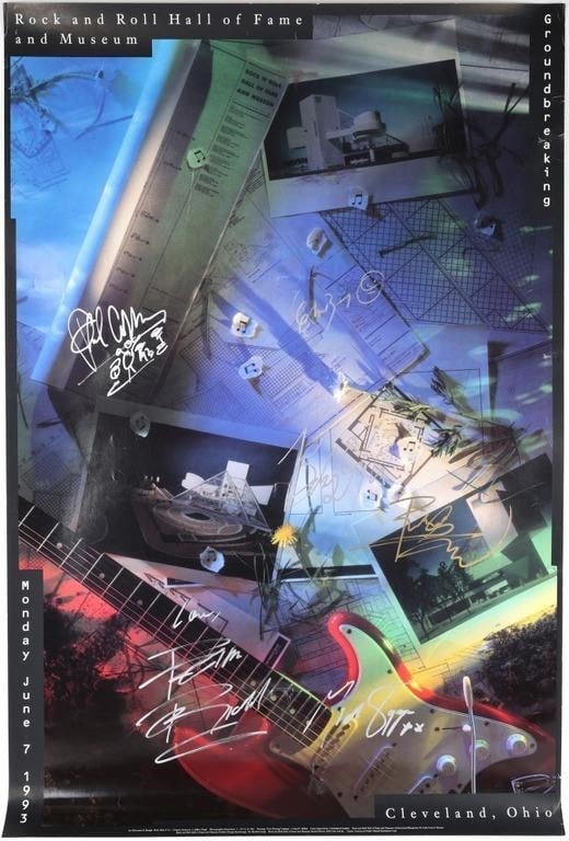 RRHOF 1993 POSTER SIGNED BERRY JAGGER DYLAN +MORE: Star-studded vintage Rock and Roll Hall of Fame 1993 poster with signatures by Chuck Berry, Bob Dylan, Mick Jagger, Keith Richards, Pete Townshend, and Phil Collins. Amazing and relatively affordable 
