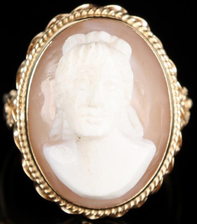 14K YELLOW GOLD ORNATE CAMEO ENAMEL LADIES RING: 14K yellow gold ornate cameo enamel ladies ring. Stone Type: Assorted Weight: 5.93 Grams Size: 7.25 U.S. Condition: Little wear, see images for details.