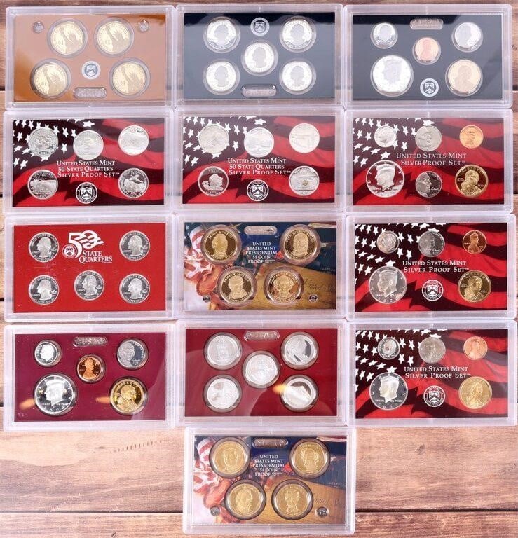 2005-2013 UNITED STATES MINT SILVER PROOF SET -(5): 2005-2013 United States Mint Silver Proof sets to include one 2005, 2006, 2008, 2010, and 2013 Silver Proof sets. Weight: 231.25 Grams Condition: Proof uncirculated.