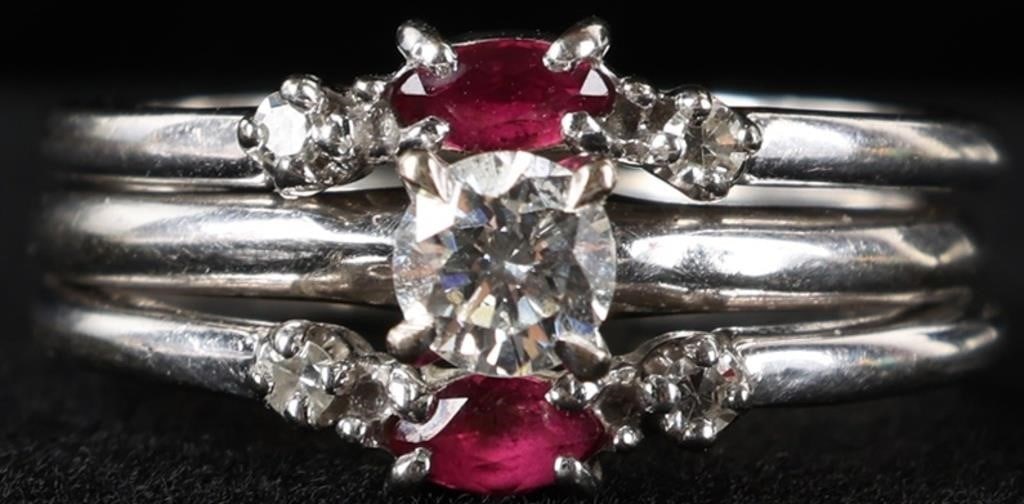 14K WHITE GOLD NATURAL DIAMOND RUBY 2-PIECE RING: 14K white gold natural diamond ruby 2-piece ring. Gemstones to include one 0.25ct round cut natural diamond, two 0.025ct marquise cut pink rubies and four 0.02ct round cut diamonds. Stone Type: Assort
