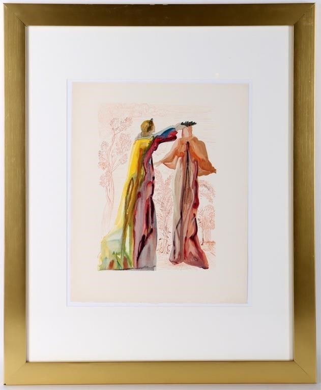 ORIGINAL SALVADOR DALI WOODBLOCK ENGRAVING W/COA: Original Salvador Dali woodblock engraving for the Divine Comedy by Dante. The Last Words of Virgil. Size: 23" x 20" Framed Condition: Like new. See images for complete condition.