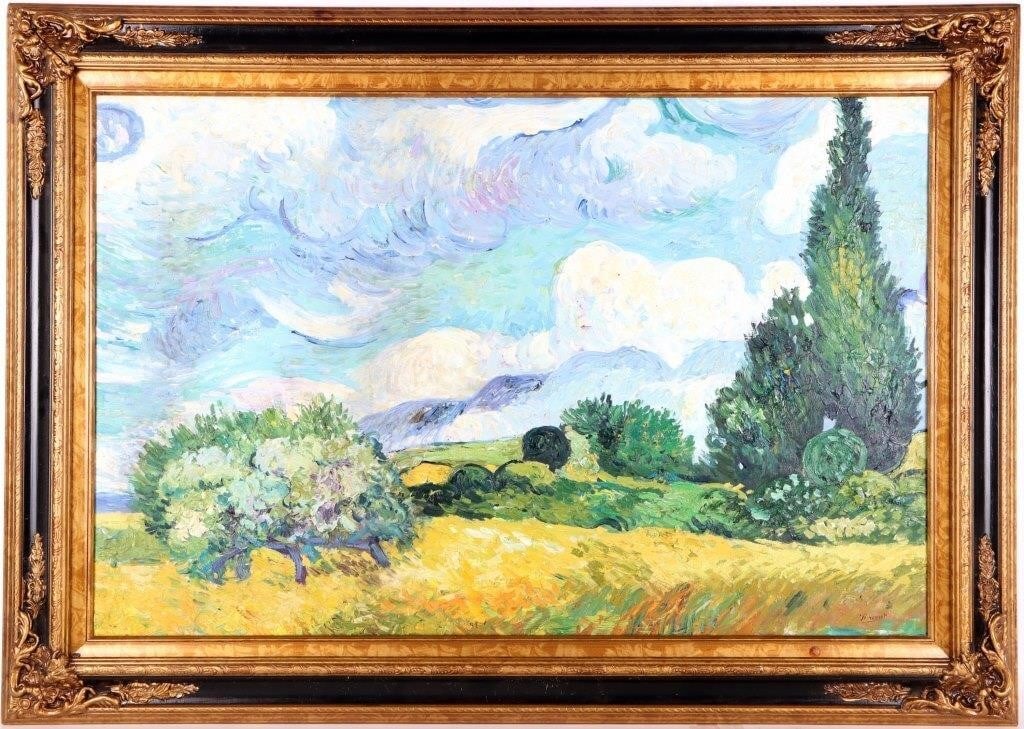 VAN GOGH 'WHEAT FIELD WITH CYPRESSES' AFTER: In the manner of of the Vincent van Gogh painting "Wheat Field with Cypresses" painted with oil on canvas and contained in a black and gold-tone painted antique-style frame. 8 lbs. Size: 43" X 31 1/4"