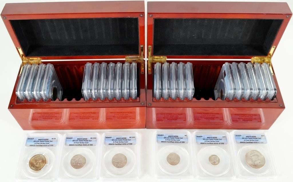 ANACS SP69 2008 28 COIN SATIN FINISH SET W/ BOXES: 2008 28-Coin Satin Finish Set with original boxes. These pieces represent every type of coin produced in 2008, one for each mint (Denver and Philedelphia). All are slabbed by ANACS and graded as SP69.