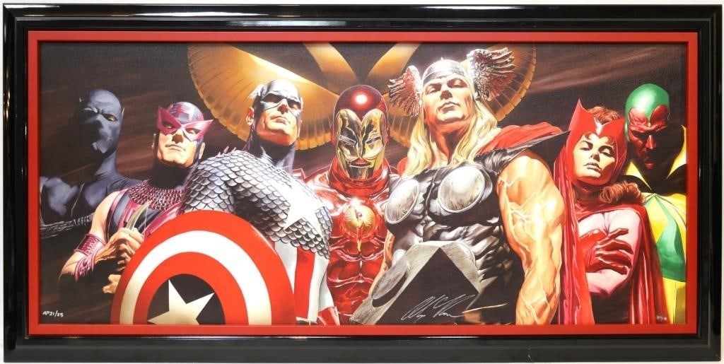 ALEX ROSS SIGNED ARTIST PROOF 'ASSEMBLE' GICLEE: Alex Ross hand signed and numbered limited edition artist proof (AP 21/25) Giclee titled "Assemble". Includes certificate of authenticity. Size: 45.25 X 20" Condition: Surface wear, lower right. See i