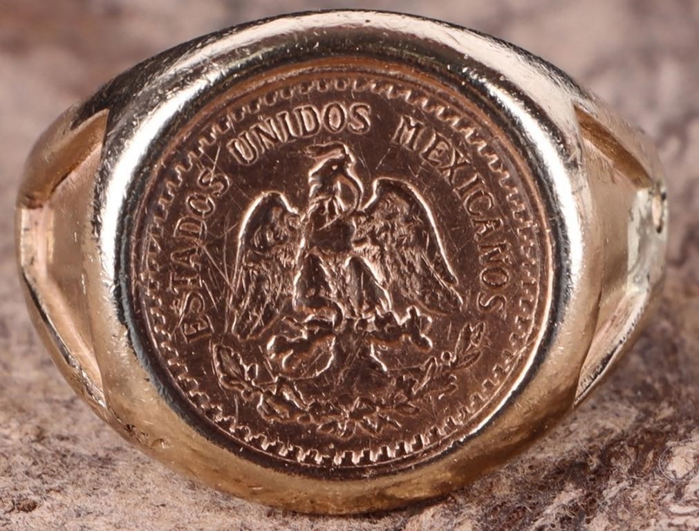 14K YELLOW GOLD MENS RING W/ MEXICO COIN FACE: 14k yellow gold mens ring with a face modeled after a Mexican coin. Weight: 17.77 grams Size: US 11.75 Condition: See pictures.