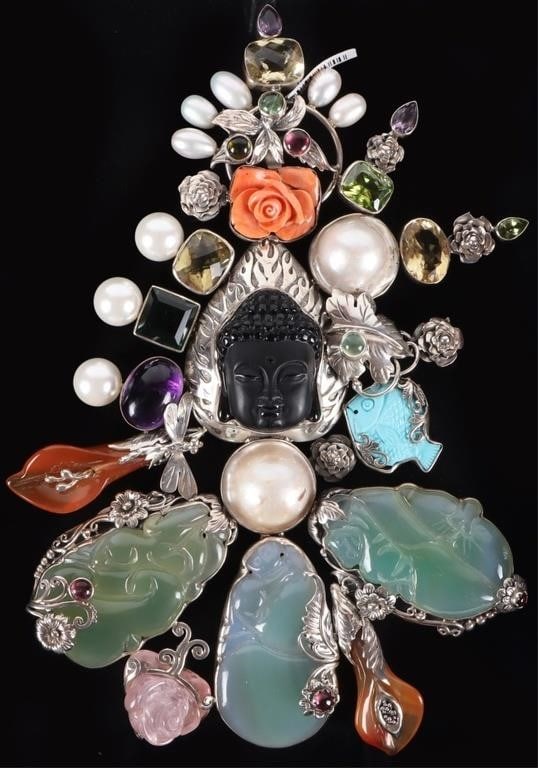 MASSIVE STERLING SILVER PENDANT BUDDHA JADE PEARLS: Massive sterling silver pendant featuring the Buddha's face surrounded by a cornucopia of gemstones, including jade (carved in the shape of fruit), amber (carved in the shape of lilies), pearl, citrin