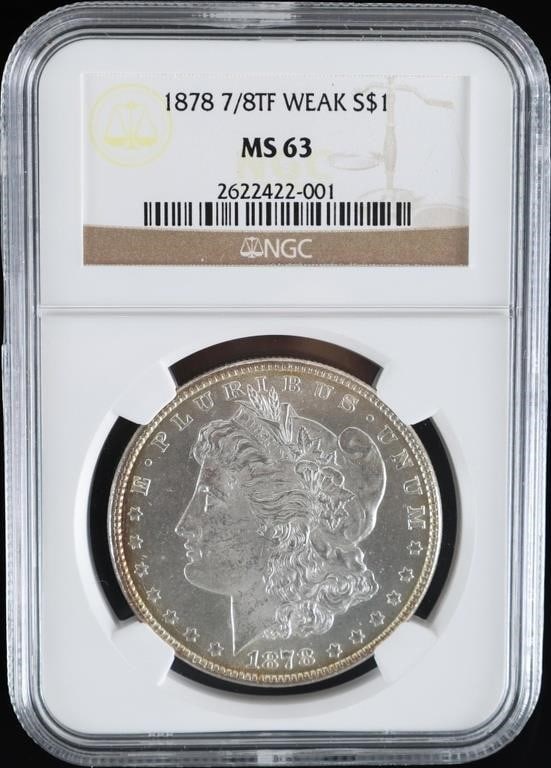 1878 P 7/8 TF WEAK NGC MS-63 MORGAN SILVER DOLLAR: 1878 P 7/8 Tail Feathers Weak Parallel Arrow Feather NGC MS-63 Morgan Silver Dollar. Weight: 26.73 Grams Condition: NGC Mint State-63.