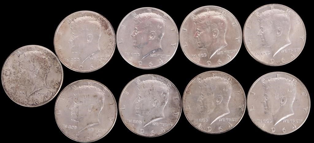ASSORTED 90% SILVER KENNEDY HALF DOLLARS - (9): Nine assorted 90% silver 1964 Kennedy Half Dollars. Weight: 112.50 Grams Condition: Ranges from Fine to Mint State uncirculated.