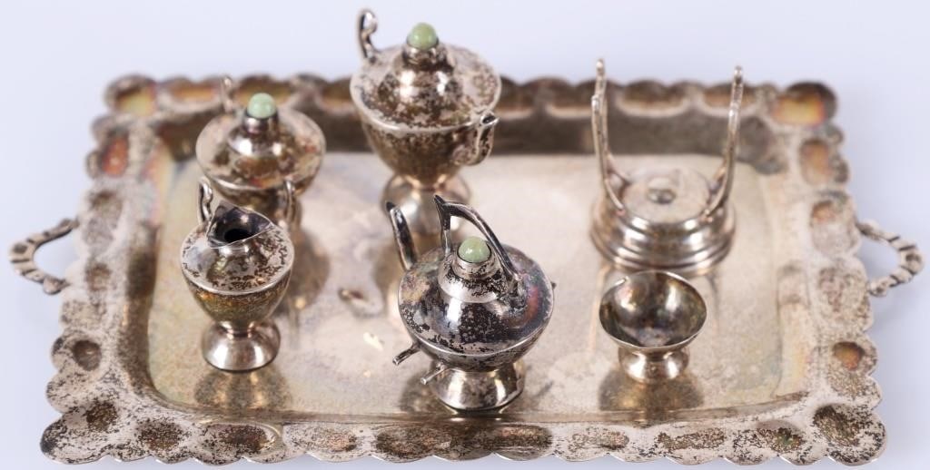 VNTG 7PC STERLING SILVER MINI TEA SET W/ TURQUOISE (1 of 7)
