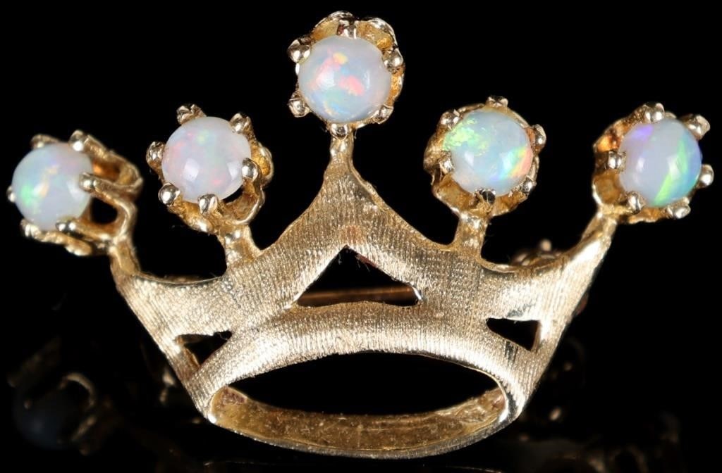 14K YELLOW GOLD LADIES CROWN BROOCH W/ OPAL: 14k yellow gold ladies crown brooch. The surface of the gold features linen texturing and each of the crown's five peaks features a 3.5mm diameter opal stone set on it. Stone Type: Opal Weight: 2.48 g