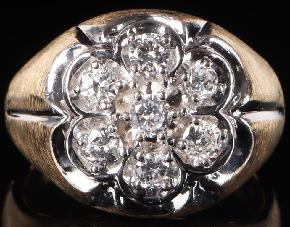 1.05CTW DIAMONDS 14K YELLOW GOLD MENS RING: 14K yellow gold men's ring with seven round-cut diamonds arranged in a floral pattern (one 0.25CT center piece, two 0.1CT pieces, one on either side, and four 0.15CT pieces, making for a 1.05CTW). The