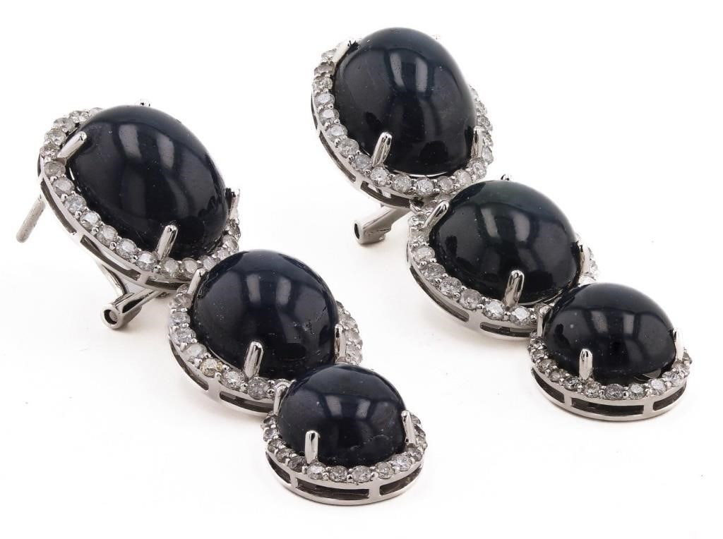 43.81CTW SAPPHIRE & 1.88CTW DIA 14K GOLD EARRINGS: One 14K white gold lady's custom made diamond and sapphire pair of earrings. 15.80TW. Clip backs #1 - main gemstone :# identity: all center natural sapphire set in prongs setting carat weight: 43.81CT