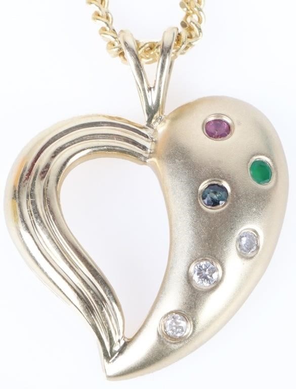 14K YELLOW GOLD HEART BIRTH STONE NECKLACE: 14K yellow gold heart birth stone ladies pendant necklace with one 0.02CT round ruby, one 0.02CT round sapphire, one 0.02CT round emerald, and three 0.01CT round diamonds. Stone Type: Assorted Weight: