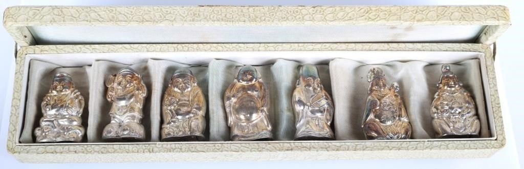 VINTAGE RARE 950 SILVER JAPANESE BUDDHIST SHAKERS: Vintage rare 950 silver set of 7 Japanese Buddhist Gods salt and pepper shakers. Come in original box. Weight: 96.90 Grams total Size: 1.75" each Condition: Wear commensurate with age. See images for 