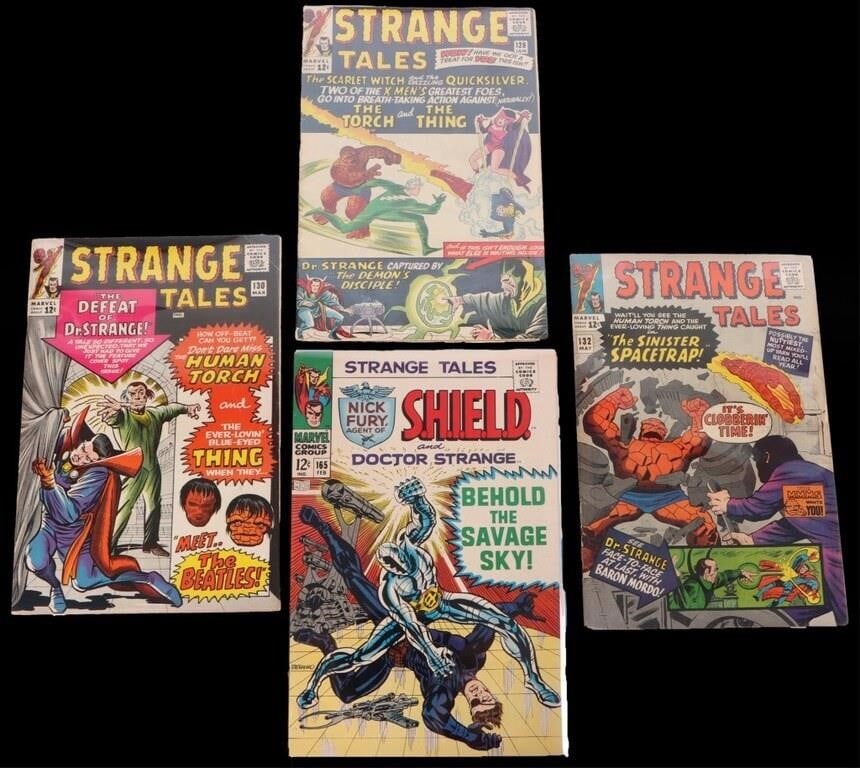 STRANGE TALES 3RD APP BARON MORDO BEATLES STORY -4: Lot of four Silver Age Strange Tales comics, to feature Doctor Strange, Nick Fury, and Thing/Human Torch stories and to include issues #128 (first named appearance of the Eye of Agamotto, first appear