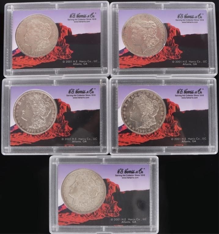 1921 P/D/S 90% SILVER MORGAN DOLLARS H.E. - (5): 1921 P/D/S 90% silver Morgan Dollars H.E. Harris & Co. collection. Weight: 133.65 Grams Condition: Ranges from Very Fine to Almost Uncirculated.