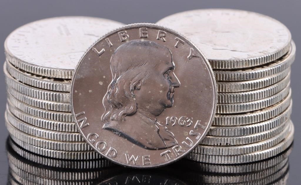 SILVER 1963 FRANKLIN HALF DOLLAR BRILLIANT UC - 20: 0.90 Silver 1963 Benjamin Franklin Half Dollars Stack of 20 Coins. Brilliant Uncirculated. Condition: Brilliant Uncirculated.