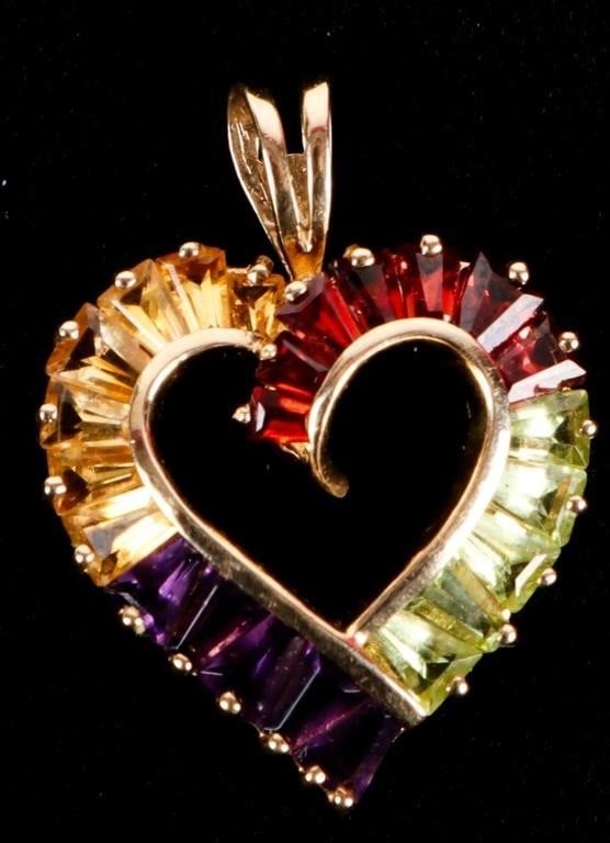 14K YELLOW GOLD ASSORTED GEM HEART LADIES PENDANT: 14K yellow gold assorted gem heart ladies pendant. Gemstones to include seven 0.04-0.10ct trapezoidal cut citrine, seven 0.04-0.10ct trapezoidal cut garnet, and five 0.10ct trapezoidal cut peridot.