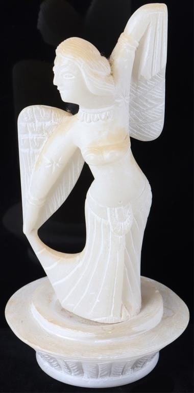 WHITE JADE CARVED STATUE OF AN ANGEL ON A PEDESTAL: White jade carved statue of an angel on a pedestal. Size: 3.50" X 7.00" Condition: Some wear, see images for details.