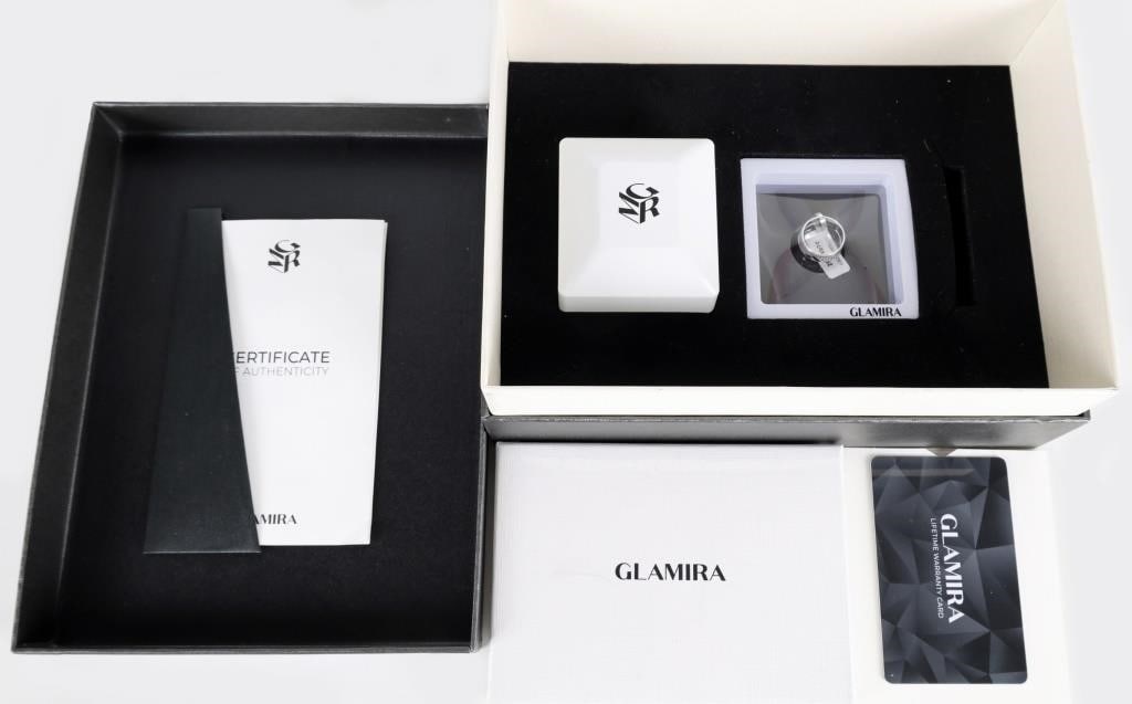 GLAMIRA MENS 14K GOLD DIAMOND MESTNI PINKY RING: This lot is a Glamira men's 14K white gold and diamond Mestni pinky ring. Diamonds have a VS clarity and are H in color. Comes in original box with all original paperwork including COA. Box is 6.5" x