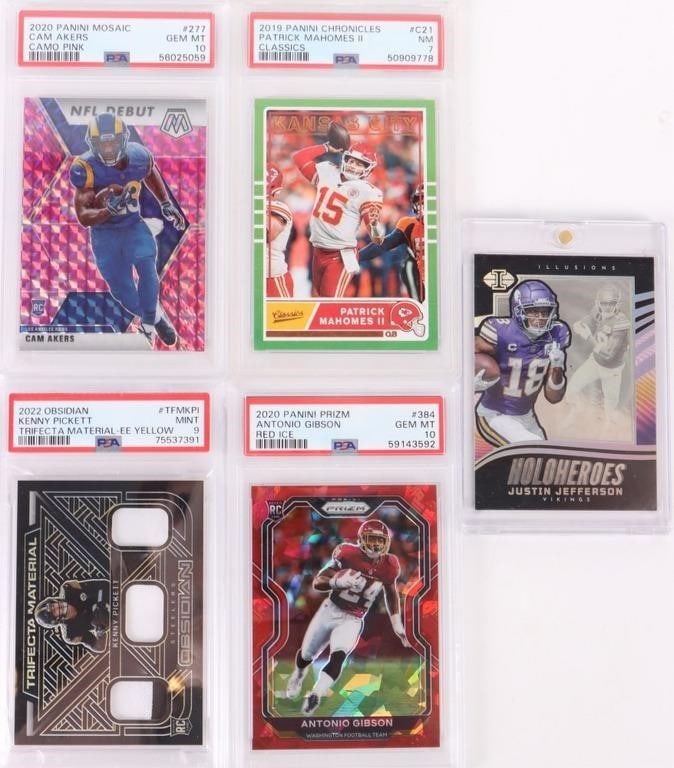 MODERN PANINI NFL TRADING CARDS COLLECTION - (5): Modern NFL Trading Cards Collection To include: 2019 Panini Chronicles #C21 Patrick Mahomes Classics PSA 7, 2020 Panini Prizm #384 Antonio Gibson (Rookie) Red Ice PSA 10, 2020 Panini Mosaic #277 Cam A