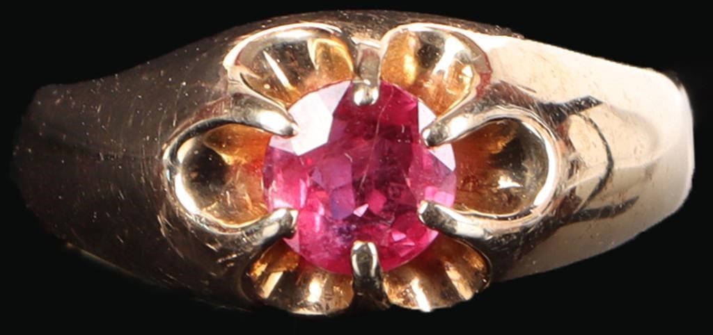 14K YELLOW GOLD RUBY BELCHER SOLITARE LADIES RING (1 of 3)