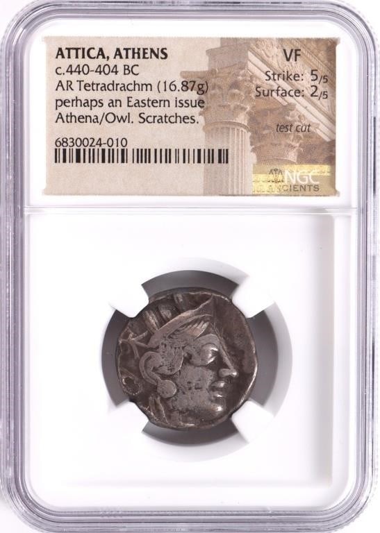 C.440-404BC AR TETRADRACHM ATTICA, ATHENS NGC VF: Attica Athens C.440-404BC AR Tetradrachm (16.87g) graded by NGC VF. Eastern issue Athena/ Owl test cut. Strike 5/5 Surface 2/5 Weight: 16.87 Grams Condition: NGC VF