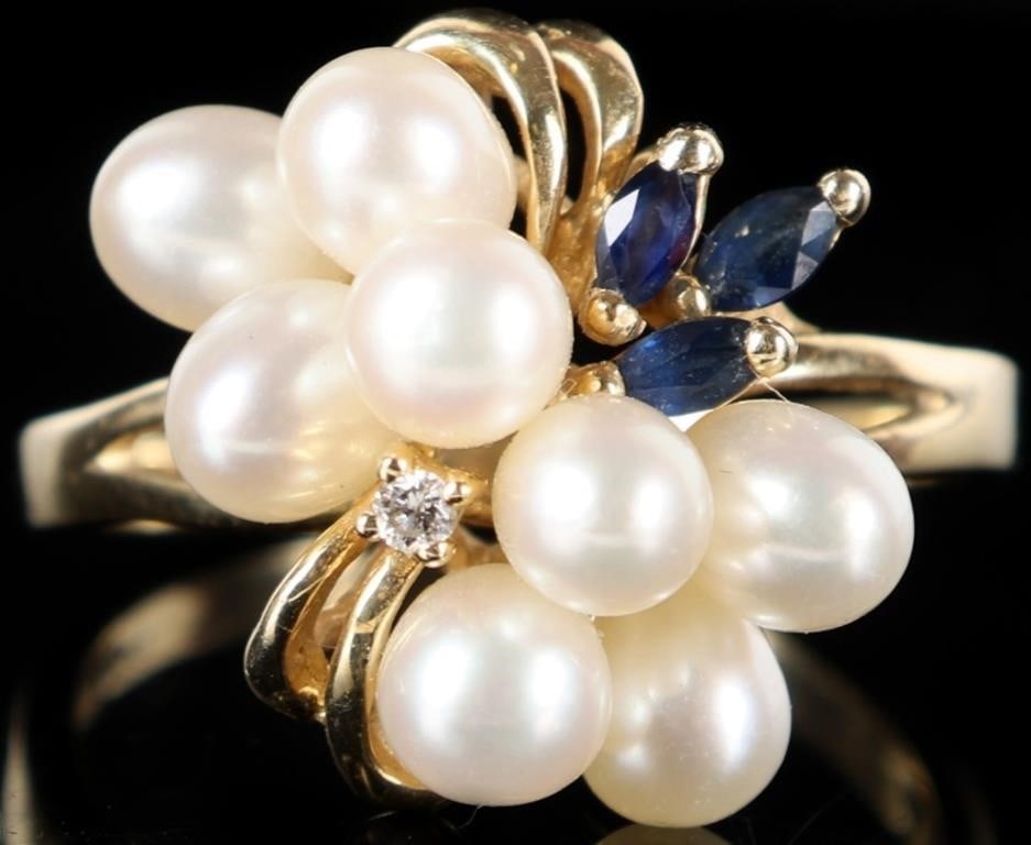 14K YELLOW GOLD DIAMOND SAPPHIRE PEARL LADIES RING (1 of 6)