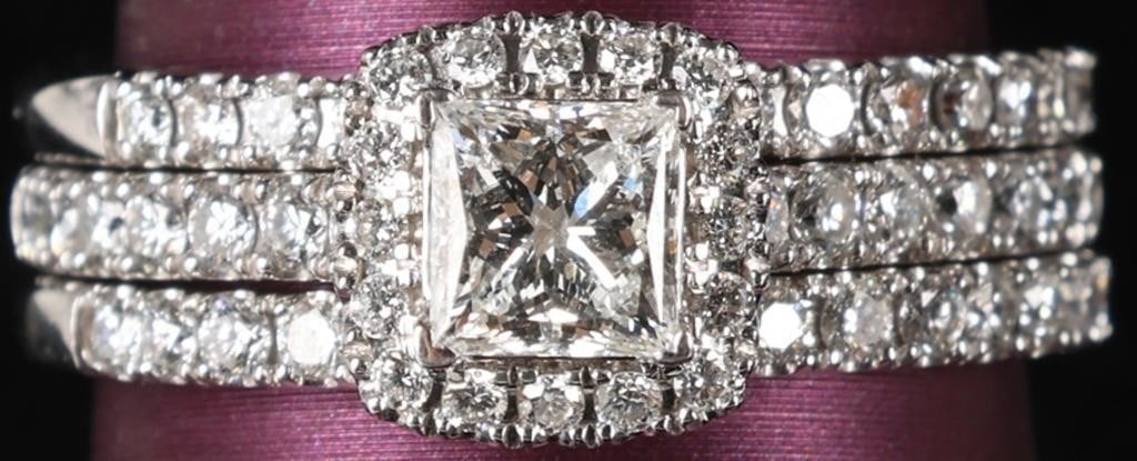 14K WHITE GOLD RING 3-SET VS1 G LAB DIAMOND GCAL: Set of three 14k white gold ladies rings. One piece features a 0.71ct princess-cut VS1 G color lab-grown center diamond with an excellent cut, excellent optical brilliance, and very good optical symme