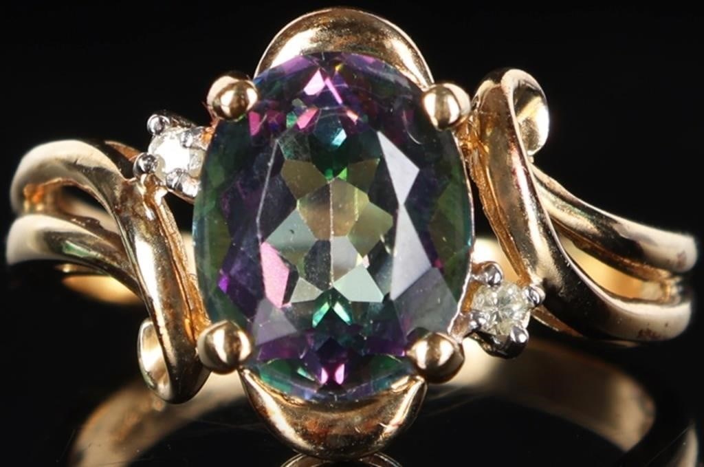 14K YELLOW GOLD MYSTIC TOPAZ DIAMOND LADIES RING (1 of 5)