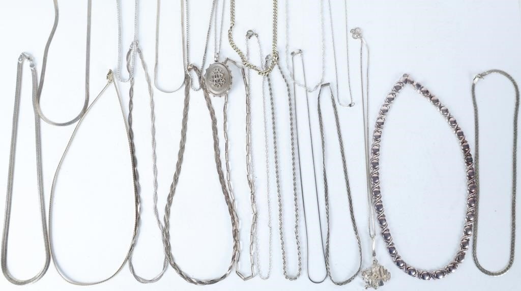 STERLING SILVER LADIES NECKLACE CHAINS AEI (19): Lot of nineteen sterling silver ladies jewelry necklace chains, all of which are crafted in a variety of styles. Two feature pendants, one with the AEI monogram (this refers both to the ancient Greek 