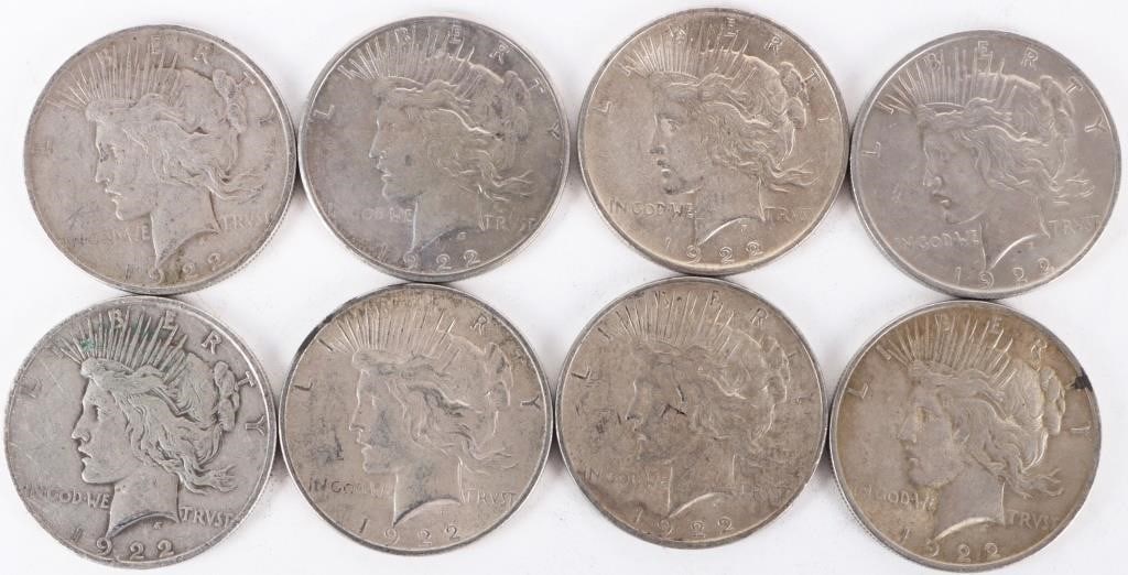 ASSORTED 90% SILVER LIBERTY PEACE DOLLARS - (8): Eight assorted 90% silver Liberty Peace Dollars. Weight: 213.84 Grams Condition: Ranging from Fine to Mint State uncirculated.