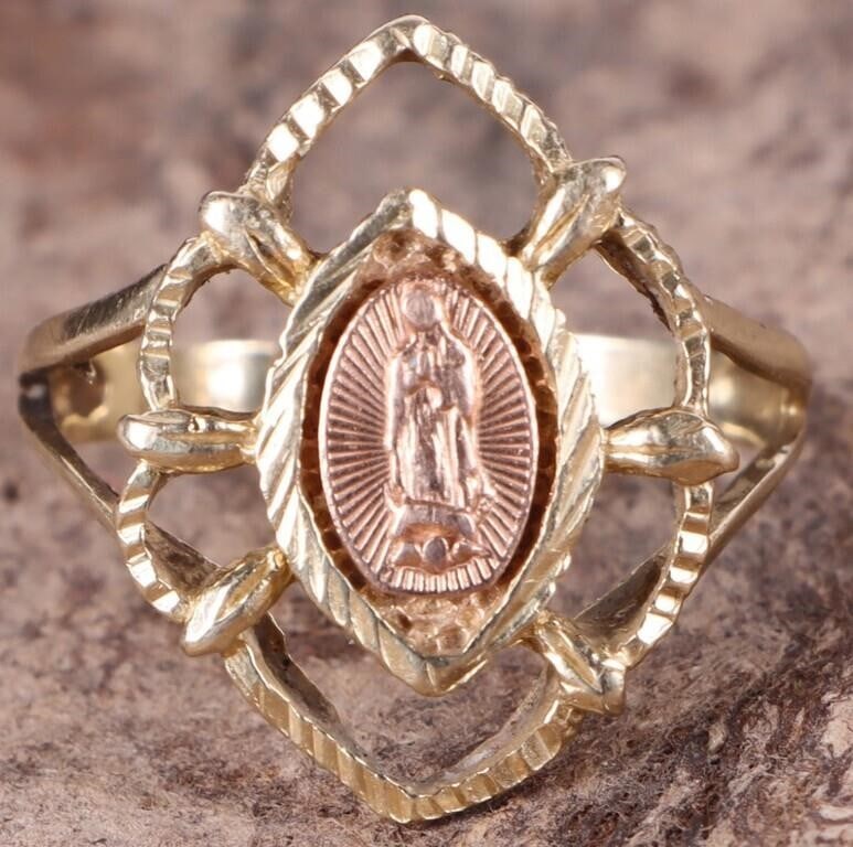14K YELLOW GOLD VIRGIN OF GUADALUPE LADIES RING: 14K yellow gold ladies ring with a rose gold image of the Virgin of Guadalupe on the face. Weight: 4.23 Grams Size: US 6.25 Condition: See pictures.