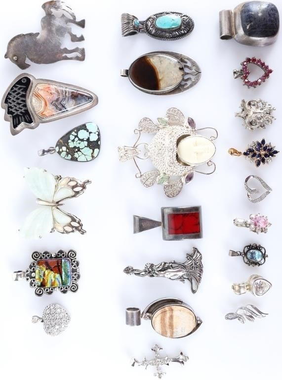 STERLING SILVER FUN LADIES PENDANT LOT- ASSORTED: Sterling silver assorted ladies pendant lot to include- one 2.5 X 2.5" hand carved goddess face Balinese style pendant with four 0.30CT marquise cut rhinestones, one 2.0 X 1.0" bezel-set vertically or