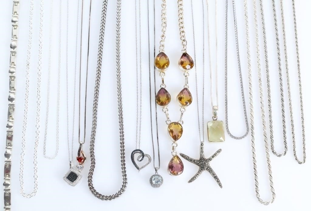 STERLING SILVER LADIES NECKLACES LOT - ASSORTED: Lot of assorted sterling silver ladies necklaces to include- one 16" bar and ball sterling chain, one 16.75" German style negligee rhinestone necklace, one 16" necklace with rectangle gemstone pendant