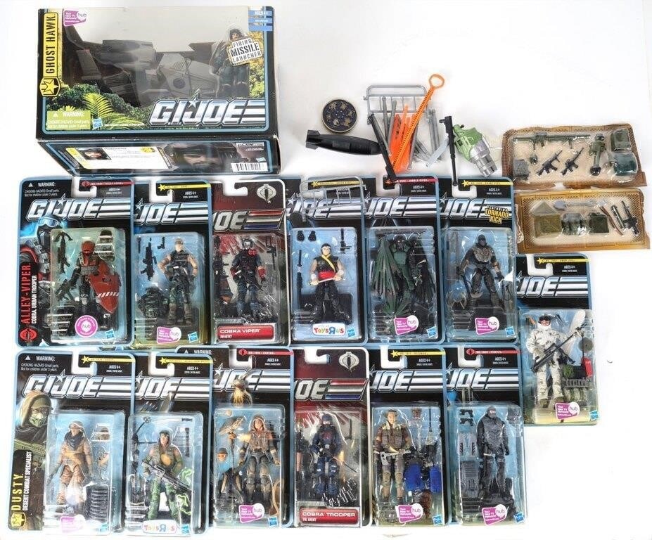 MISB GI JOE 2010-11 HUB FIGURES W/ GHOST HAWK (14): Lot of fourteen MISB GI Joe Hub-branded figures from 2010 and 2011, to include the Ghost Hawk ship, Alley Viper, Jungle Viper, Spirit Iron-Knife (Toys R Us exclusive), Duke, Cobra Trooper, Zartan, Sno