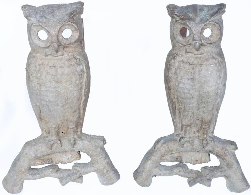 ANTIQUE OWL ANDIRONS PAIR BRASS PS&W CO FIREPLACE: Nice antique pair of Peck Stowe and Wilcox Co. owl andirons for supporting logs in a fireplace. The owl guards are made of brass and the legs are cast iron. The back of each guard is stamped with the 
