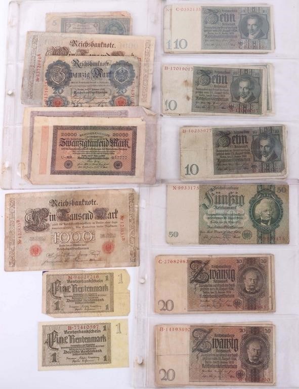 LOT OF ANTIQUE GERMAN CURRENCY PRE-WWI WEIMAR NAZI: Mega-lot of seventy-six antique German currency from various periods of the early-to-mid 20th century, to include three 1910 1000 Mark bills, seven 1914 20 Mark bills, one 1923 10000 Mark bill, one 19