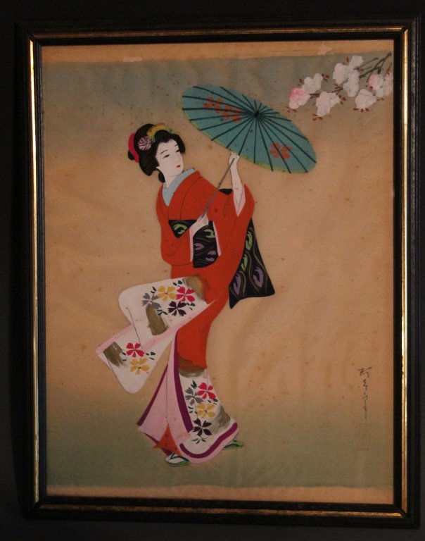 SIGNED JAPANESE SILK PAINTING OF GEISHA