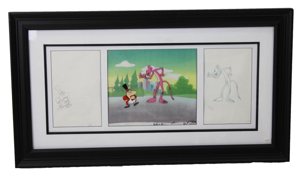 PINK PANTHER PRODUCTION CEL & DRAWING FRAMED: PINK PANTHER PRODUCTION CEL & DRAWING FRAMED Original Pink Panther production cel and drawing, Friz Freleng and MGM Studios, framed. Size: 20 x 36" framed Shipping / Pick-Up: Buyer Pick Up, 3rd Party 