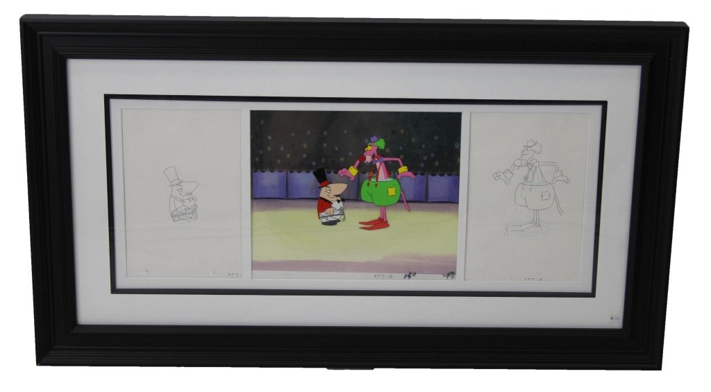 PINK PANTHER PRODUCTION CEL & DRAWING FRAMED: PINK PANTHER PRODUCTION CEL & DRAWING FRAMED Original Pink Panther production cel and drawing, Friz Freleng and MGM Studios, framed. Size: 20 x 36" framed Shipping / Pick-Up: Buyer Pick Up, 3rd Party 
