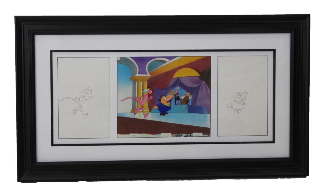 PINK PANTHER PRODUCTION CEL & DRAWING FRAMED: PINK PANTHER PRODUCTION CEL & DRAWING FRAMED Original Pink Panther production cel and drawing, Friz Freleng and MGM Studios, framed. Size: 20 x 36" framed Shipping / Pick-Up: Buyer Pick Up, 3rd Party 