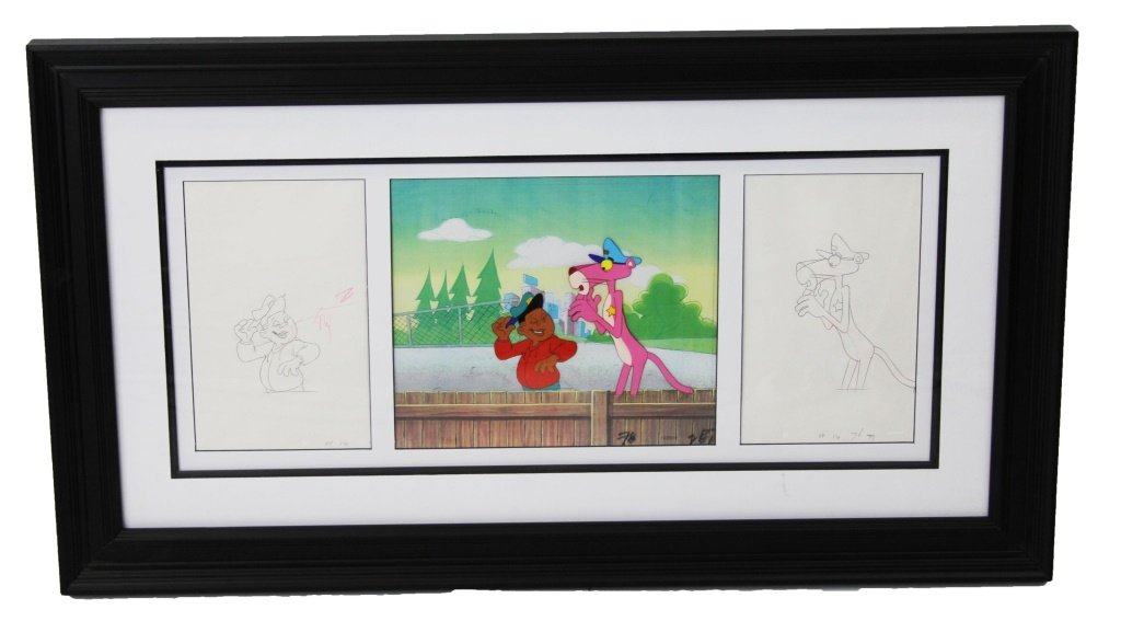 PINK PANTHER PRODUCTION CEL & DRAWING FRAMED: PINK PANTHER PRODUCTION CEL & DRAWING FRAMED Original Pink Panther production cel and drawing, Friz Freleng and MGM Studios, framed. Size: 20 x 36" framed Shipping / Pick-Up: Buyer Pick Up, 3rd Party 