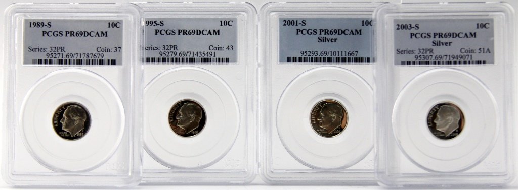 (4) 1995 - 2003 PCGS ROOSEVELT DIMES PR 69 D CAMEO: (4) 1995 - 2003 PCGS ROOSEVELT DIMES PR 69 D CAMEO Lot of four coins total; 1989-S, 1995-S, 2001-S, and 2003-S. Shipping / Pickup: We Can Ship This Item Lot Location: #1 - Cap. Cir. NE