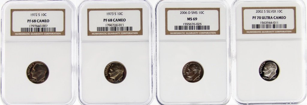 (4) 1972-S 1973-S 2002-S 2006-D 10C NGC CERT: (4) 1972-S 1973-S 2002-S 2006-D 10C NGC CERT Lot of four US Roosevelt Dimes; NGC Graded 1972-S PF 68 Cameo, 1973-S PF 68 Cameo, 2002-S Silver PF Ultra Cameo, and 2006-D SMS MS 69. Shipping / Pickup: W