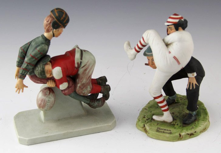 (2) NORMAN ROCKWELL SPORT FIGURINES: (2) NORMAN ROCKWELL SPORT FIGURINES Lot of two Norman Rockwell porcelain figurines; includes "Tackled" and "100th year of Baseball". Both are marked on underside. Size: 6" - 6.5" Shipping / Pickup: We