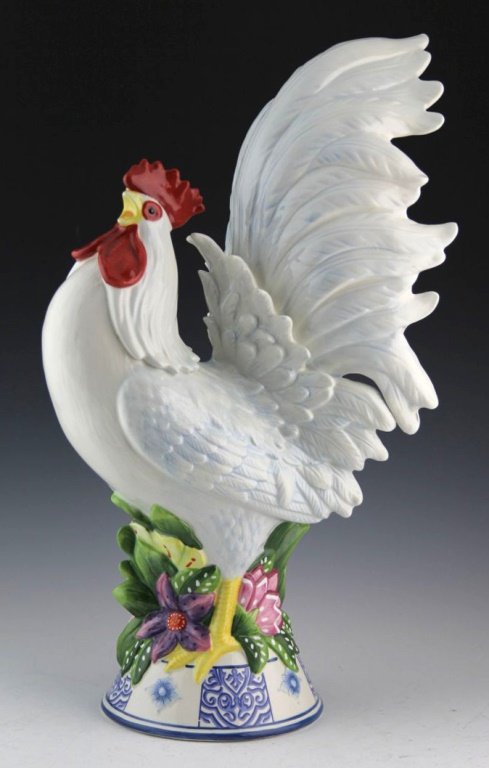 FITZ AND FLOYD COURTYARD PORCELAIN ROOSTER: FITZ AND FLOYD COURTYARD PORCELAIN ROOSTER Fitz and Floyd courtyard porcelain rooster statue. Hallmarked on underside. Size: 19" Shipping / Pickup: We Can Ship This Item Lot Location: #1 - Cap. Cir. N