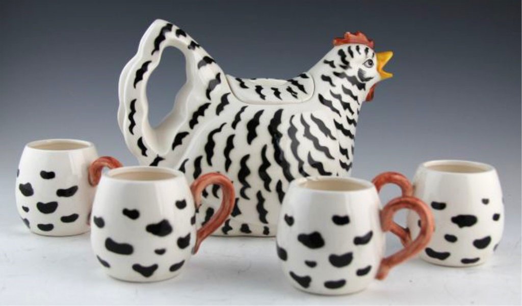 FITZ AND FLOYD BLACK & WHITE HEN TEAPOT WITH CUPS: FITZ AND FLOYD BLACK & WHITE HEN TEAPOT WITH CUPS Fitz and Floyd black and white hen teapot with four cups. Shipping / Pickup: We Can Ship This Item Lot Location: #1 - Cap. Cir. NE