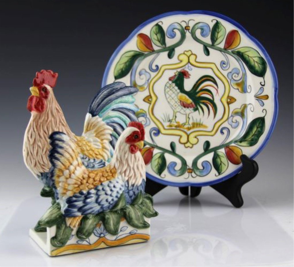 FITZ $ FLOYD MIRABELLE NAPKIN HOLDER RICAMO PLATE: FITZ $ FLOYD MIRABELLE NAPKIN HOLDER RICAMO PLATE Fitz and Floyd rooster motif, Ricamo salad plate with Mirabelle Napkin holder. Shipping / Pickup: We Can Ship This Item Lot Location: #1 - Cap. Cir. N